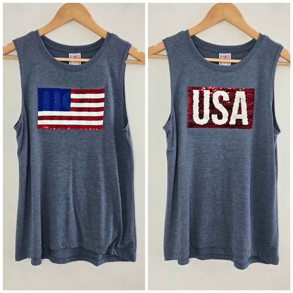 Modern Lux Blue Muscle Tee with Flag/USA Patriotic Sequin Design Size Medium